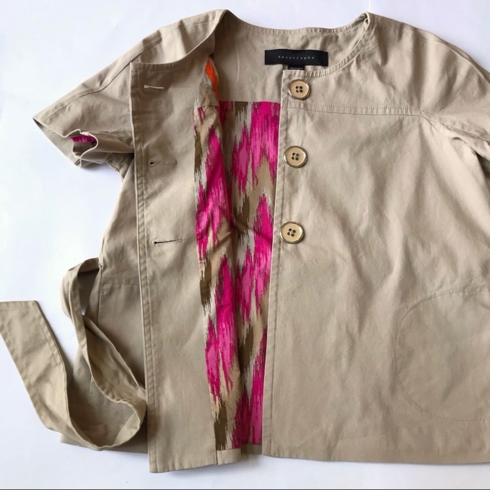 Apostrophe Belted Blazer Jacket Women’s L Beige Cotton Canvas Statement Buttons